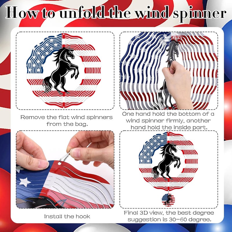 INCOK Horse Wind Spinners Outdoor - Horse Gifts for Men Women, American Flag Wind Chime for Outside, Hanging Metal Wind Sculptures for Garden Indoor Patio Lawn Yard, Veterans Day - Image 4